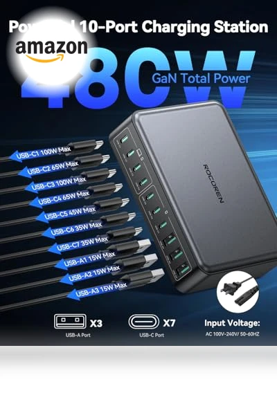 480W USB C Charging Station with 10 Ports for Multiple Devices — USB Hubs, Rocoren