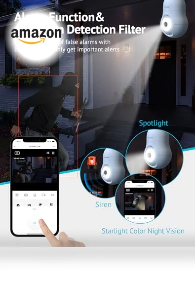 4MP Bulb Security Camera 2.4GHz, 360° 2K Wireless Outdoor Indoor Camera — Smart Home Security, LaView