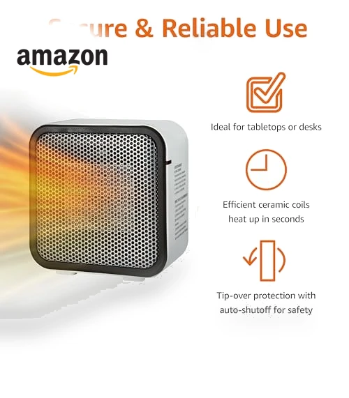 Ceramic Space Heater, Mini Heater for Office Desk, 500W, Portable Tent Heater for Camping — Portable Heating Solutions, Amazon Basics