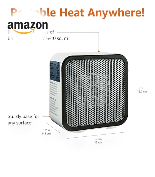 Ceramic Space Heater, Mini Heater for Office Desk, 500W, Portable Tent Heater for Camping — Portable Heating Solutions, Amazon Basics