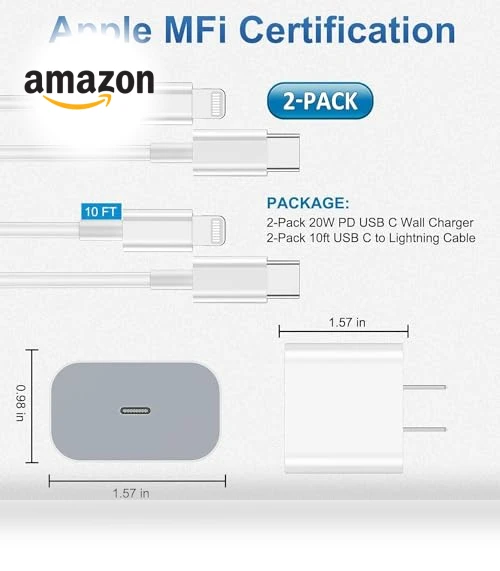 Fast Charging Type C Wall Charger Block with USB C to Lightning Cable — Lightning, FEEL2NICE