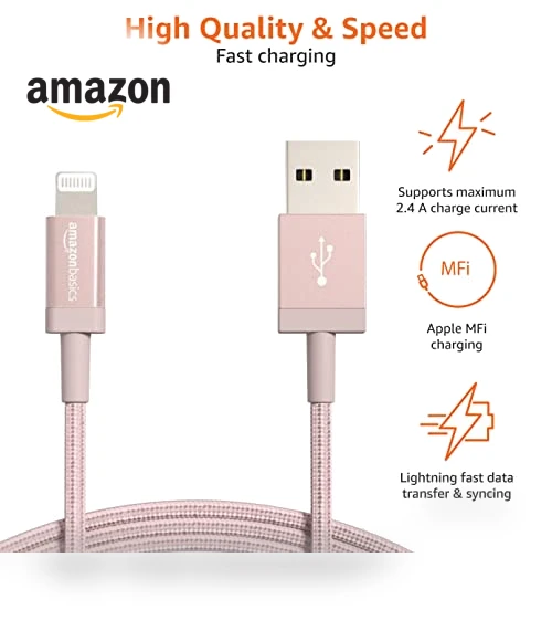 Nylon Braided USB-C to Lightning Charger Cable, MFi Certified, 6 Foot — Lightning, Amazon Basics