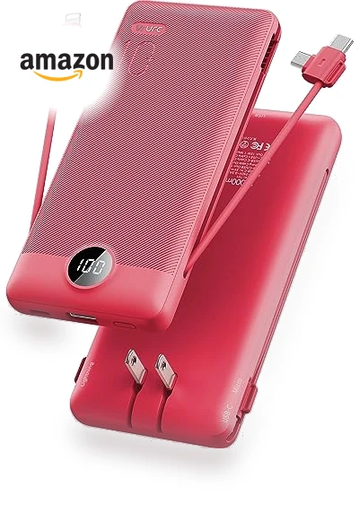 Portable Charger with Built-in Cables and AC Wall Plug, 10000mAh Power Bank — Charging Solutions, VRURC