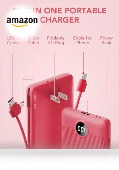 Portable Charger with Built-in Cables and AC Wall Plug, 10000mAh Power Bank — Charging Solutions, VRURC