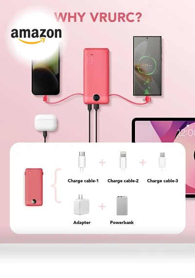 Portable Charger with Built-in Cables and AC Wall Plug, 10000mAh Power Bank — Charging Solutions, VRURC