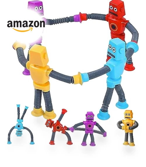 Suction Cup Robot Toy for Kids - 4 Pack Sensory Pop Tubes Robots — Infant & Early Childhood Playthings, Limpskys