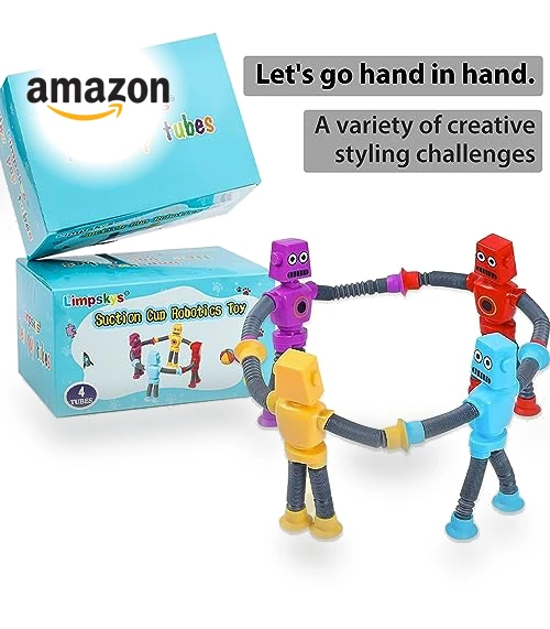 Suction Cup Robot Toy for Kids - 4 Pack Sensory Pop Tubes Robots — Infant & Early Childhood Playthings, Limpskys