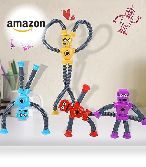 Suction Cup Robot Toy for Kids - 4 Pack Sensory Pop Tubes Robots — Infant & Early Childhood Playthings, Limpskys