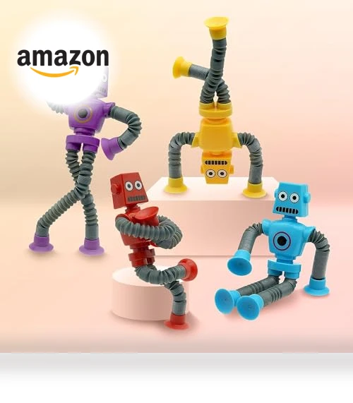 Suction Cup Robot Toy for Kids - 4 Pack Sensory Pop Tubes Robots — Infant & Early Childhood Playthings, Limpskys