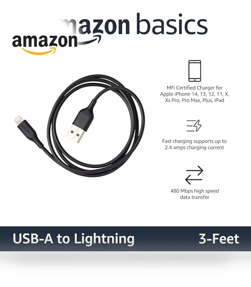USB-A to Lightning Charger Cable, MFi Certified for Apple Devices — Lightning, Amazon Basics
