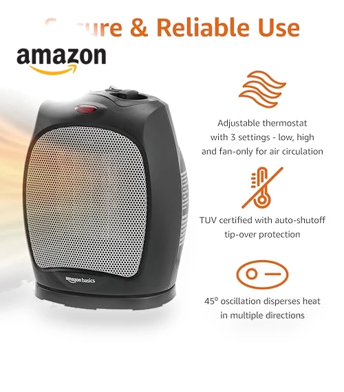 Oscillating Ceramic Space Heater, Portable Heater for Indoor Use — Portable Heating Solutions, Amazon Basics