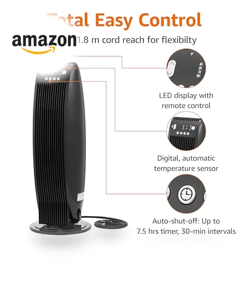 Oscillating Tower Heater with Digital Display and Remote Control — Portable Heating Solutions, Amazon Basics