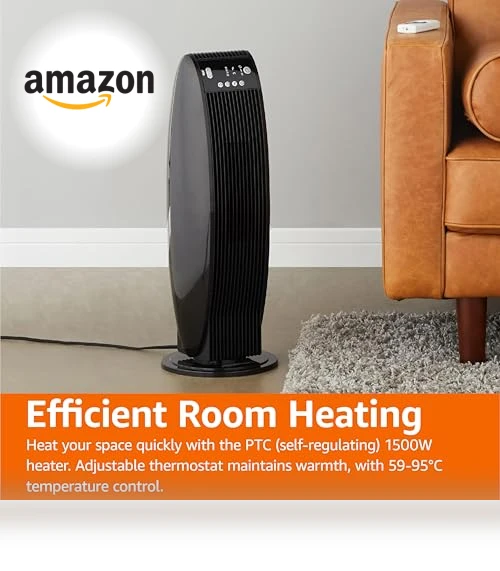 Oscillating Tower Heater with Digital Display and Remote Control — Portable Heating Solutions, Amazon Basics