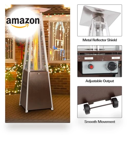 Pyramid Patio Heater, 48000 BTU Glass Tube Propane Heater with Wheels and Cover — Patio Heaters, Hykolity
