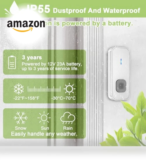 Wireless Doorbell with 55 Chimes, 1300ft Range, IP55 Waterproof — Kits, SURFOU
