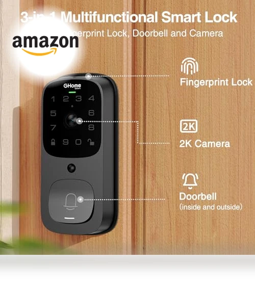 3 in 1 Smart Door Lock with Fingerprint, WiFi Keyless Entry, and 2K HD Camera — Smart Home Security, GHome Smart