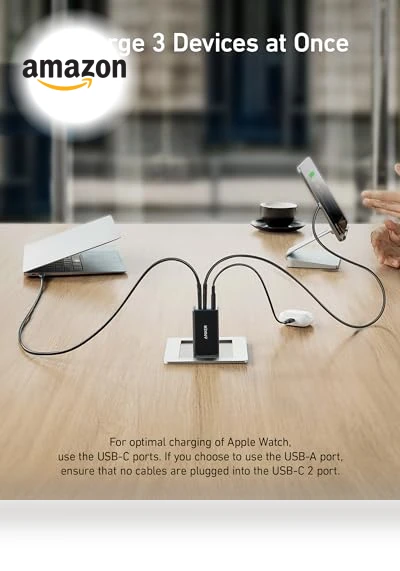 USB C Charger (Nano 65W), PPS 3-Port Fast Compact Foldable USB C Charger Block — Charging Solutions, Anker