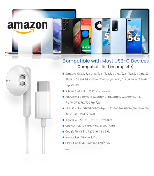 USB C Headphones with Microphone and Volume Control — In-Ear Headphones, BENEWY