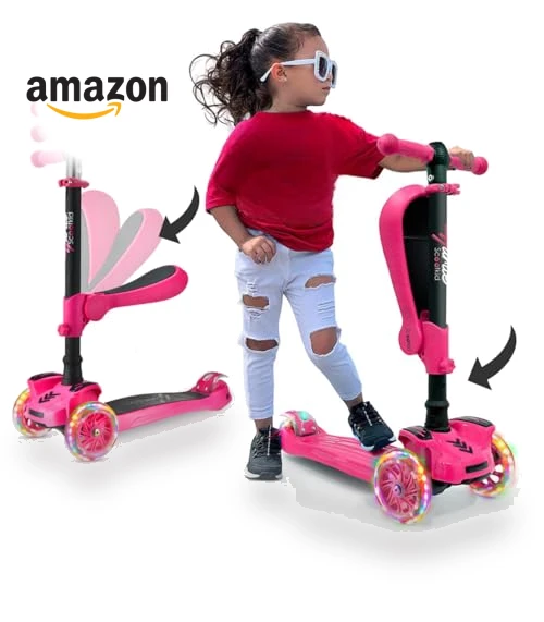 3-Wheeled Scooter for Kids with LED Lights and Foldable Seat — Balance Bikes, Hurtle