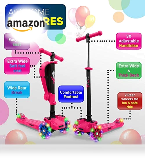 3-Wheeled Scooter for Kids with LED Lights and Foldable Seat — Balance Bikes, Hurtle