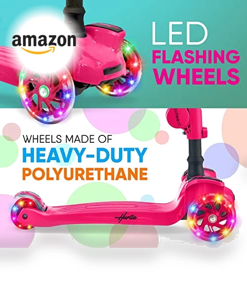 3-Wheeled Scooter for Kids with LED Lights and Foldable Seat — Balance Bikes, Hurtle