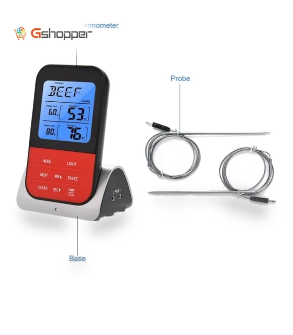 LCD Digital Food Thermometer with Dual Probe Sensors Timer — Instant-Read