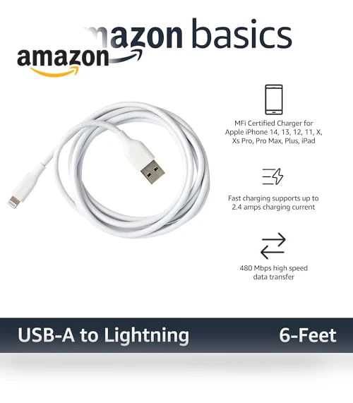 Fast Charging USB-A to Lightning Cable — Lightning, Amazon Basics