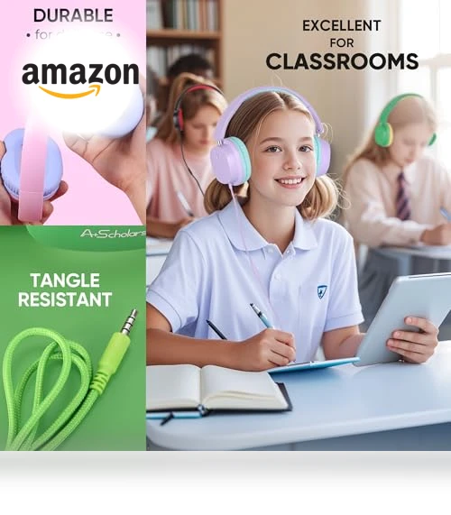 Kids Headphones for School Bulk Set 5-Pack Over-Ear, Foldable — In-Ear Headphones, A+ Scholars