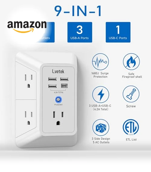 Outlet Extender Multi Plug with USB Charging Ports — Power Solutions & Surge Protection, Lvetek