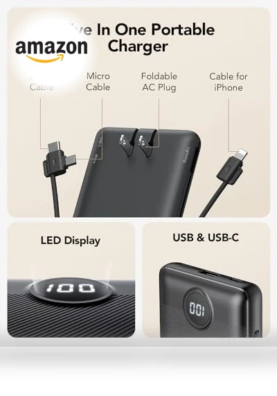 Portable Charger with Built-in Cables and AC Wall Plug — Charging Solutions, VRURC