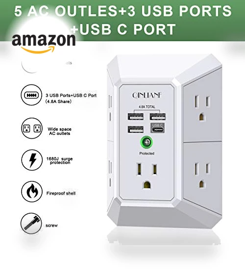 Surge Protector with 5 Outlet Extender and 4 USB Charging Ports — Power Solutions & Surge Protection, QINLIANF