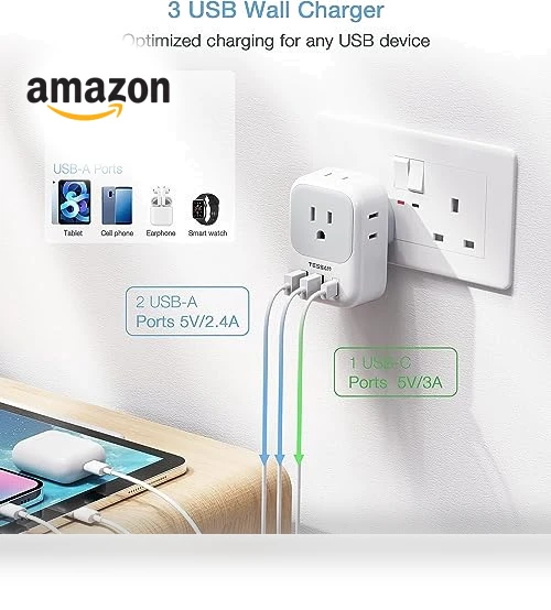 Travel Plug Adapter with 4 Outlets and 3 USB Ports — Charging Solutions, TESSAN