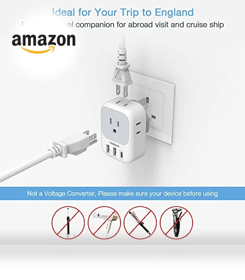 Travel Plug Adapter with 4 Outlets and 3 USB Ports — Charging Solutions, TESSAN
