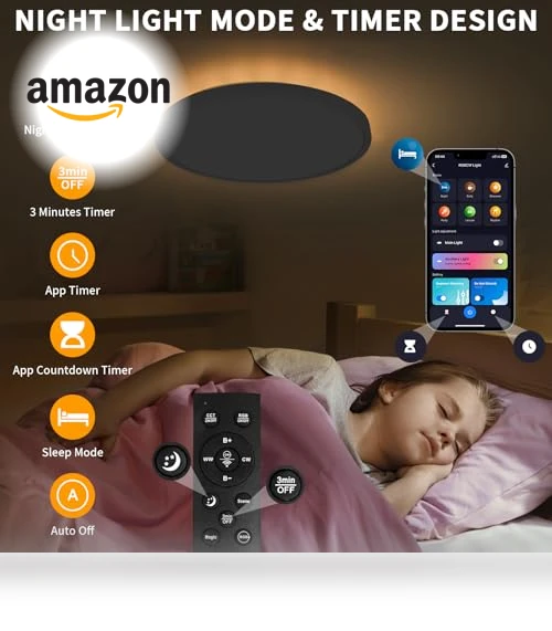 Flush Mount Ceiling Light Fixtures with Remote Control & Night Lights — Close To Ceiling, Highxin