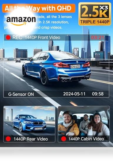 Triple Channel Dash Cam with WiFi 6 — Rearview Cameras for Cars, Icesky