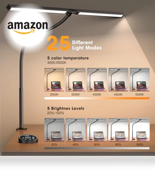 LED Desk Lamp with Clamp and Dual Screen Computer Monitor Gooseneck — Study & Desk Lighting