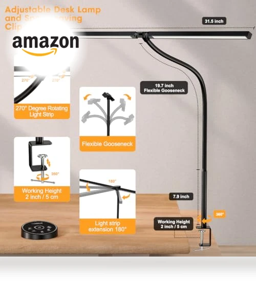LED Desk Lamp with Clamp and Dual Screen Computer Monitor Gooseneck — Study & Desk Lighting