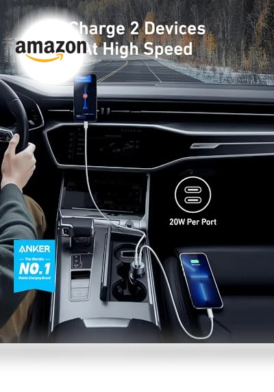 USB C Car Charger, 40W 2-Port PowerIQ 3.0 Type C Adapter — Charging Solutions, Anker