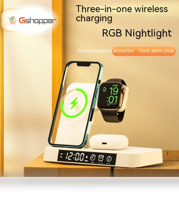 Three-in-One Wireless Charger with Multi-Function Clock — Chargers