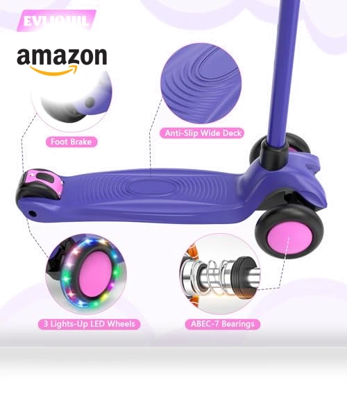 LED Lighted Wheels Kids Scooter with Adjustable Handlebars — Balance Bikes, EVLIQUIL