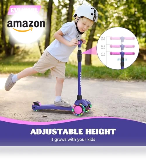 LED Lighted Wheels Kids Scooter with Adjustable Handlebars — Balance Bikes, EVLIQUIL