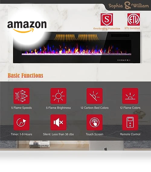 Electric Fireplace 72 Inch Wall Mounted & Recessed — Tabletop Fireplaces, Sophia & William