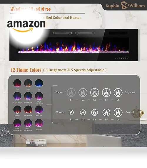 Electric Fireplace 72 Inch Wall Mounted & Recessed — Tabletop Fireplaces, Sophia & William