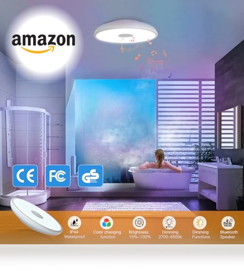 Smart Waterproof LED Flush Mount Ceiling Light Fixture with Bluetooth Speaker — Overhead Lighting, ASALL