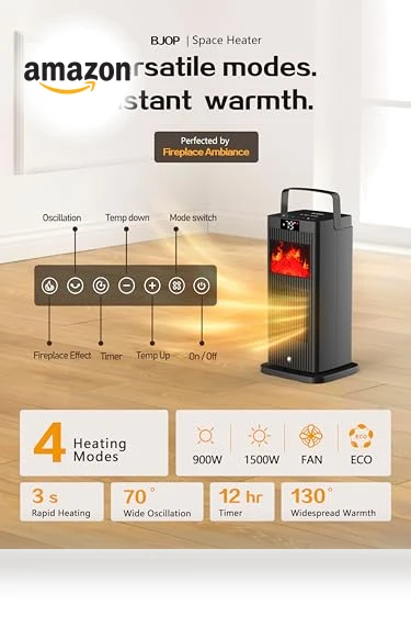 Portable Space Heater with Fireplace Flame Effect — Portable Heating Solutions, BJOP