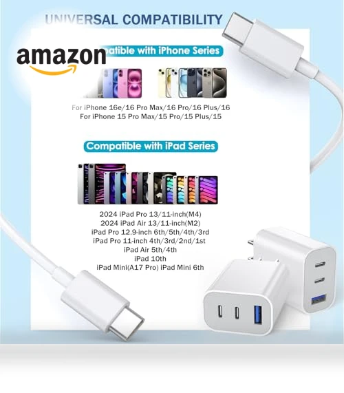 Fast Charging 3-Port USB C Charger Block with 10FT Cable — Chargers & Adapters, Shenzhen Jiaxingyuan Technology Co., Ltd.