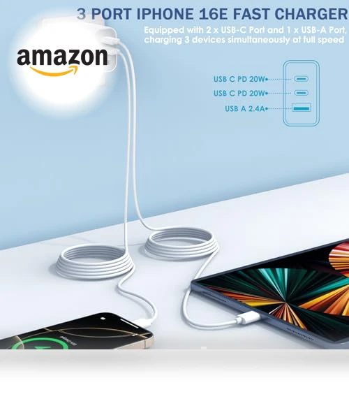 Fast Charging 3-Port USB C Charger Block with 10FT Cable — Chargers & Adapters, Shenzhen Jiaxingyuan Technology Co., Ltd.