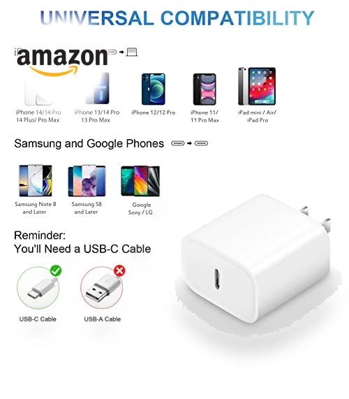 Fast Charging USB C Charger Block with 6FT Cord — Lightning, ROMITAZ
