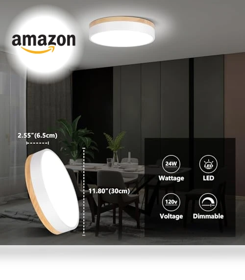 Dimmable LED Close to Ceiling Light with Minimalist Wood Oak Design — Overhead Lighting, WOKNOS