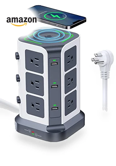 Power Strip Tower with Wireless Charger — Power Solutions & Surge Protection, KOOSLA